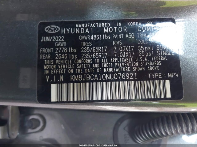 Aukcja sprzedaży 2022 Hyundai Tucson Hybrid Blue, vin: KM8JBCA10NU076921, numer aukcji: 45923160