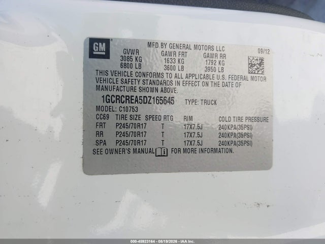 45923164 :رقم المزاد ، 1GCRCREA5DZ165645 vin ، 2013 Chevrolet Silverado 1500 Ls مزاد بيع