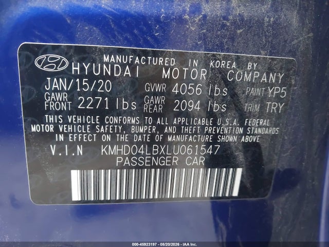 Продаж на аукціоні авто 2020 Hyundai Elantra Sport, vin: KMHD04LBXLU061547, номер лоту: 45923197