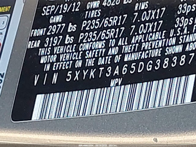 45923204 :رقم المزاد ، 5XYKT3A65DG383874 vin ، 2013 Kia Sorento Lx مزاد بيع