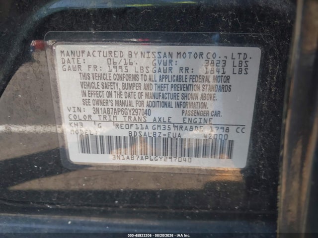 Продаж на аукціоні авто 2016 Nissan Sentra S, vin: 3N1AB7AP6GY297040, номер лоту: 45923206