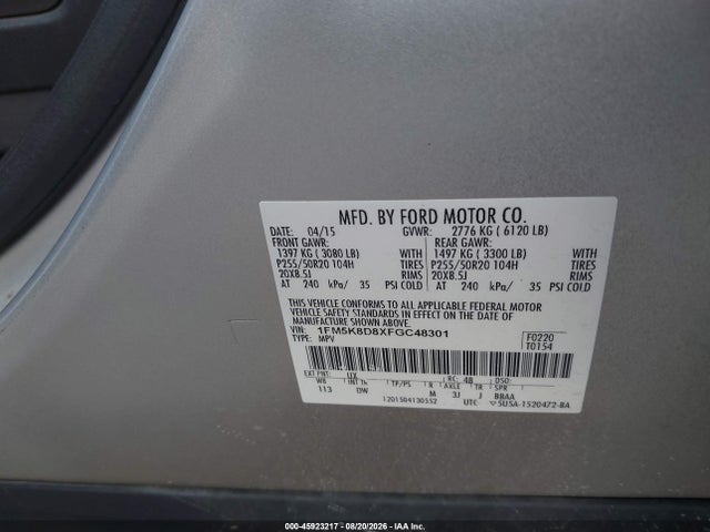 Продажа на аукционе авто 2015 Ford Explorer Xlt, vin: 1FM5K8D8XFGC48301, номер лота: 45923217