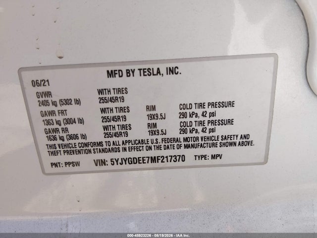 Продажа на аукционе авто 2021 Tesla Model Y Long Range Dual Motor All-wheel Drive, vin: 5YJYGDEE7MF217370, номер лота: 45923226
