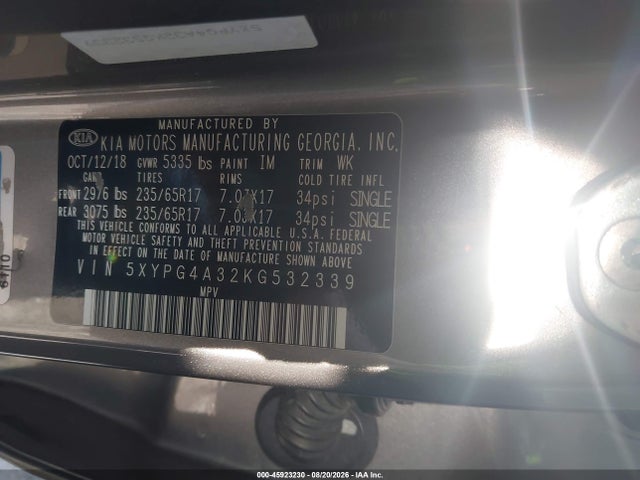 2019 Kia Sorento 2.4l Lx მანქანა იყიდება აუქციონზე, vin: 5XYPG4A32KG532339, აუქციონის ნომერი: 45923230