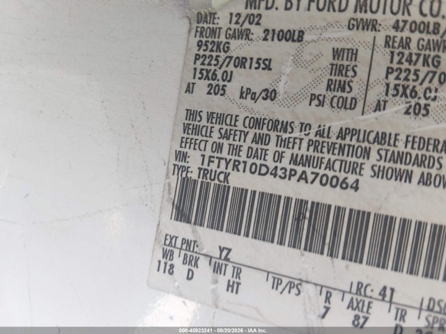 Продажа на аукционе авто 2003 Ford Ranger Xl/xlt, vin: 1FTYR10D43PA70064, номер лота: 45923241