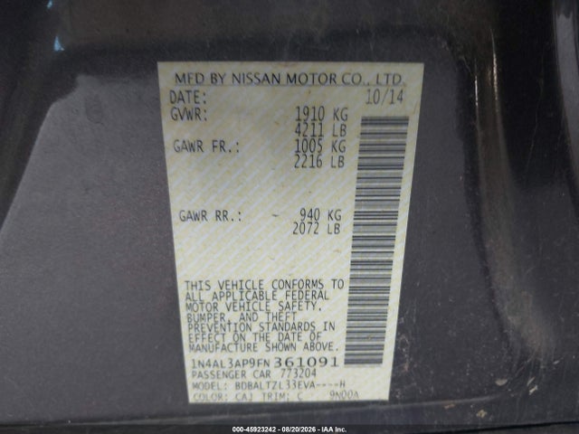 Продаж на аукціоні авто 2015 Nissan Altima 2.5 Sl, vin: 1N4AL3AP9FN361091, номер лоту: 45923242