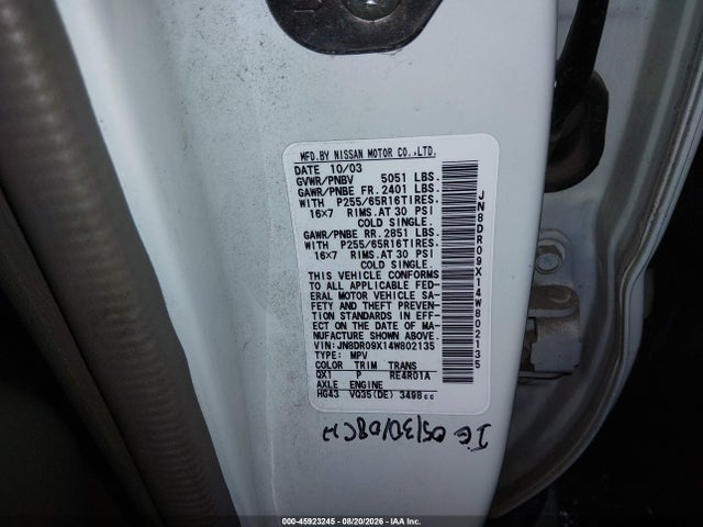Продаж на аукціоні авто 2004 Nissan Pathfinder Se, vin: JN8DR09X14W802135, номер лоту: 45923245