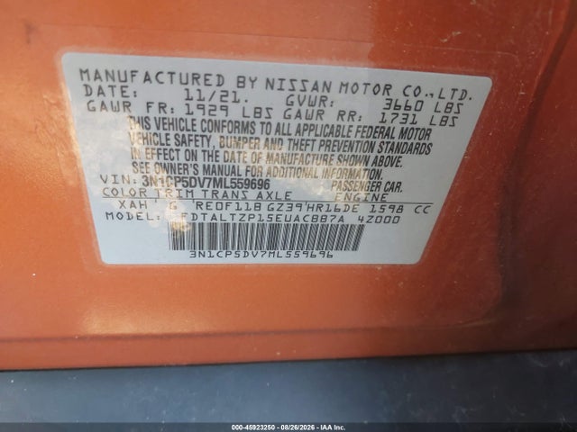 45923250 :رقم المزاد ، 3N1CP5DV7ML559696 vin ، 2021 Nissan Kicks Sr Xtronic Cvt مزاد بيع