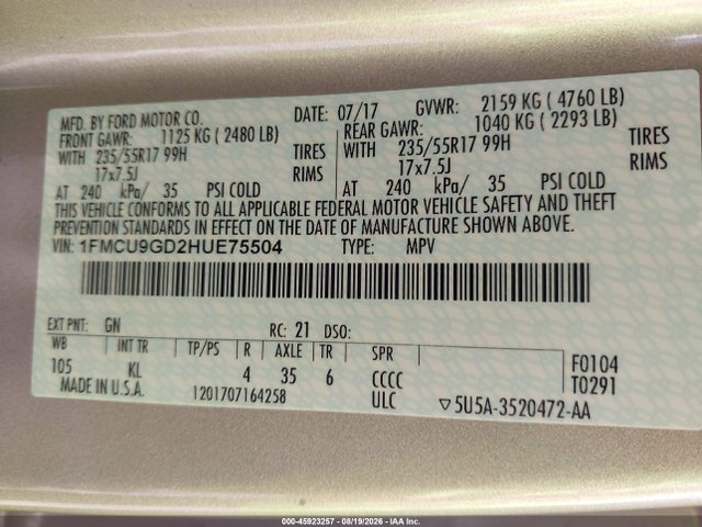 Aukcja sprzedaży 2017 Ford Escape Se, vin: 1FMCU9GD2HUE75504, numer aukcji: 45923257