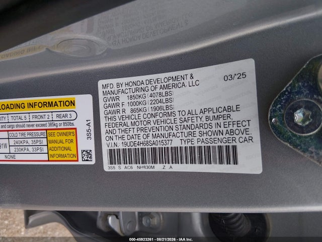 45923261 :رقم المزاد ، 19UDE4H68SA015377 vin ، 2025 Acura Integra A-spec Technology مزاد بيع