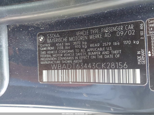 Продажа на аукционе авто 2003 Bmw 530ia, vin: WBADT63443CK28156, номер лота: 45923262
