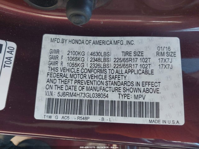 Продаж на аукціоні авто 2016 Honda Cr-v Ex-l, vin: 5J6RM4H73GL038054, номер лоту: 45923275