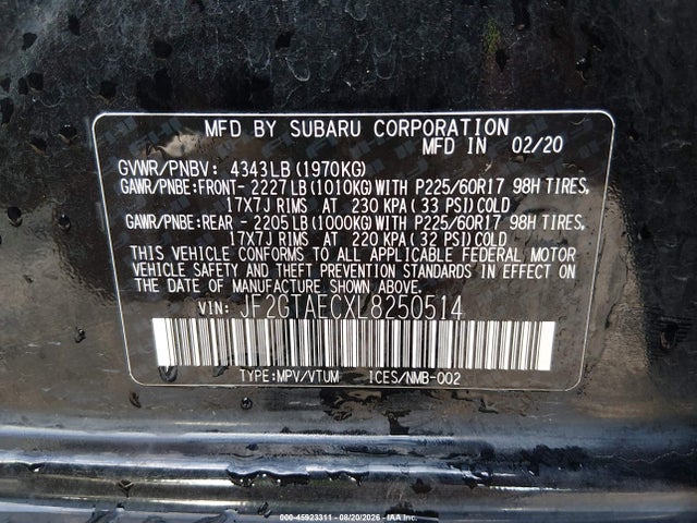 45923311 :رقم المزاد ، JF2GTAECXL8250514 vin ، 2020 Subaru Crosstrek Premium مزاد بيع