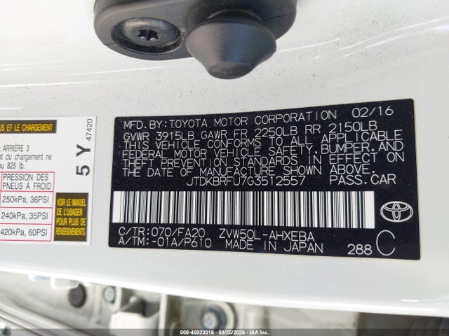 JTDKBRFU7G3512557 Toyota Prius Two