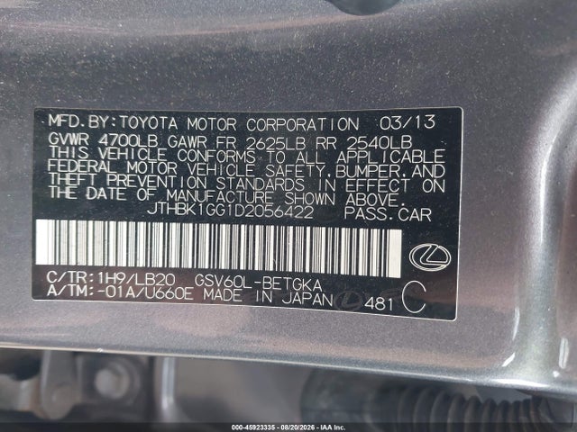 Aukcja sprzedaży 2013 Lexus Es 350, vin: JTHBK1GG1D2056422, numer aukcji: 45923335
