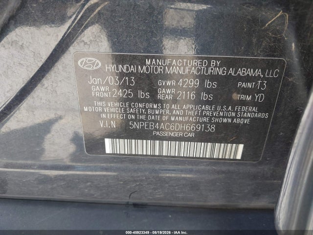 2013 Hyundai Sonata Gls მანქანა იყიდება აუქციონზე, vin: 5NPEB4AC6DH669138, აუქციონის ნომერი: 45923349