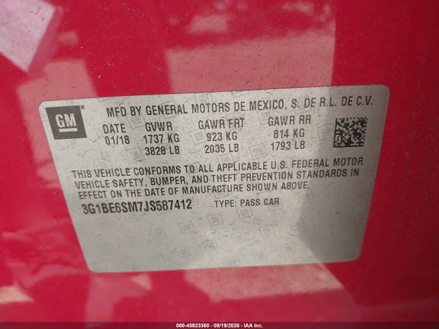 Продаж на аукціоні авто 2018 Chevrolet Cruze Lt Auto, vin: 3G1BE6SM7JS587412, номер лоту: 45923360