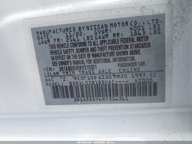 2022 Nissan Sentra Sr Xtronic Cvt მანქანა იყიდება აუქციონზე, vin: 3N1AB8DV6NY316361, აუქციონის ნომერი: 45923390