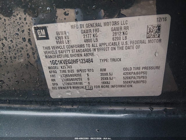 45923393 :رقم المزاد ، 1GC1KVEG0HF123484 vin ، 2017 Chevrolet Silverado 2500hd Lt مزاد بيع