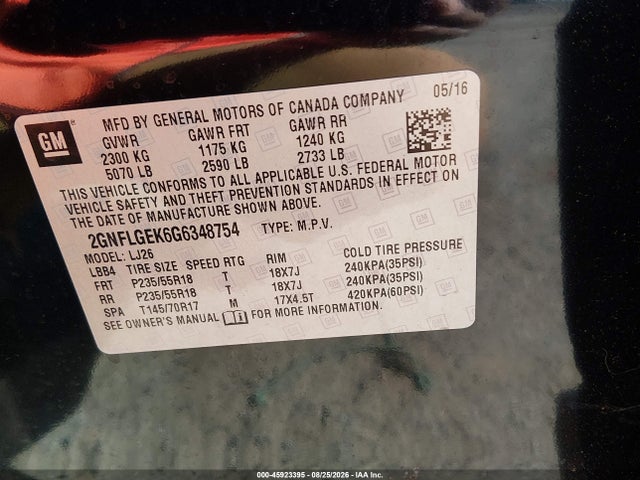 Продажа на аукционе авто 2016 Chevrolet Equinox Ltz, vin: 2GNFLGEK6G6348754, номер лота: 45923395