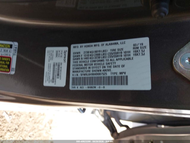 45923399 :رقم المزاد ، 5FNRL6H96KB087525 vin ، 2019 Honda Odyssey Elite مزاد بيع
