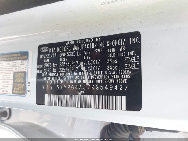 KIA Sorento 2.4l Lx 2019 5XYPG4A37KG549427 Image 9