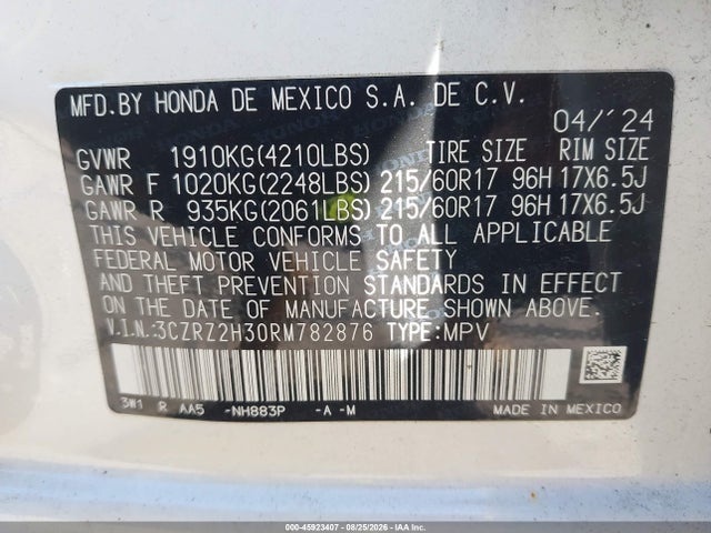 Продажа на аукционе авто 2024 Honda Hr-v Awd Lx, vin: 3CZRZ2H30RM782876, номер лота: 45923407