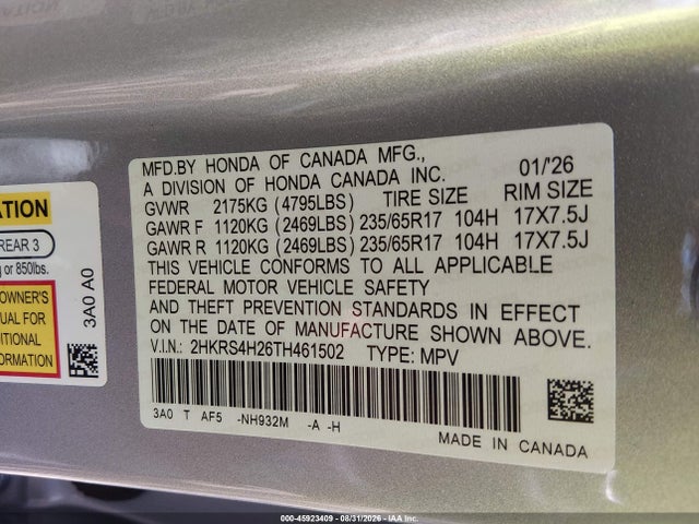 45923409 :رقم المزاد ، 2HKRS4H26TH461502 vin ، 2026 Honda Cr-v Lx Awd مزاد بيع