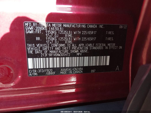 Aukcja sprzedaży 2022 Toyota Rav4 Le, vin: 2T3F1RFV6NW305472, numer aukcji: 45923411