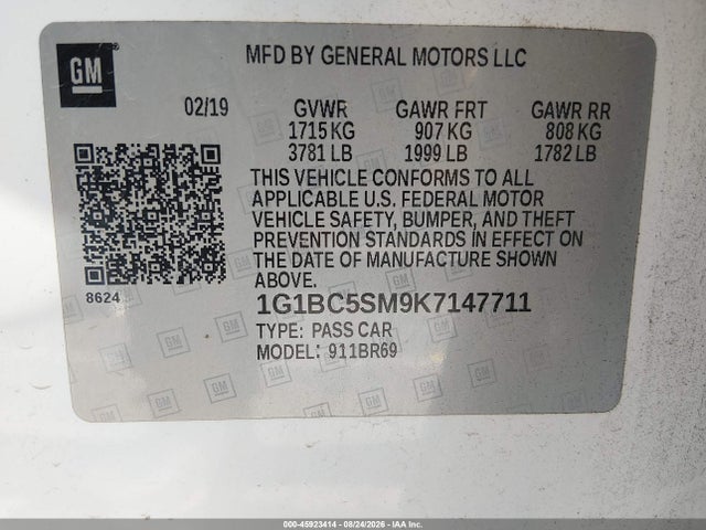 45923414 :رقم المزاد ، 1G1BC5SM9K7147711 vin ، 2019 Chevrolet Cruze Ls مزاد بيع