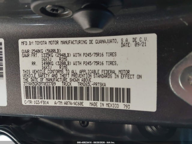 Aukcja sprzedaży 2021 Toyota Tacoma Sr, vin: 3TYAX5GN3MT033709, numer aukcji: 45923418