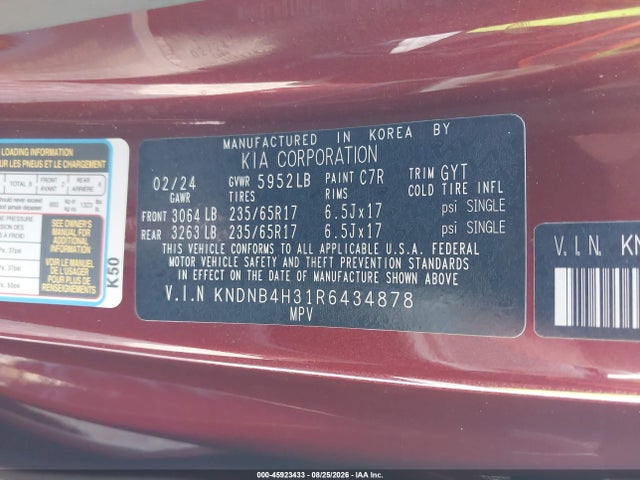 45923433 :رقم المزاد ، KNDNB4H31R6434878 vin ، 2024 Kia Carnival Mpv Lx Seat Package مزاد بيع