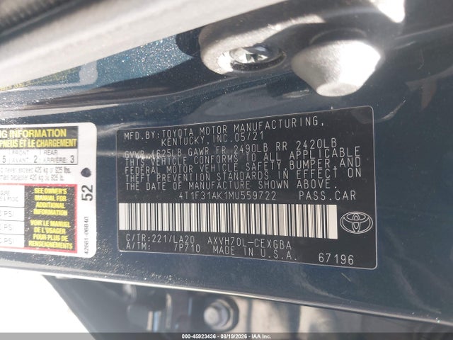 45923436 :رقم المزاد ، 4T1F31AK1MU559722 vin ، 2021 Toyota Camry Xle Hybrid مزاد بيع