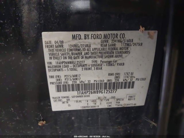 2009 Ford Taurus Se მანქანა იყიდება აუქციონზე, vin: 1FAHP26W89G125277, აუქციონის ნომერი: 45923440