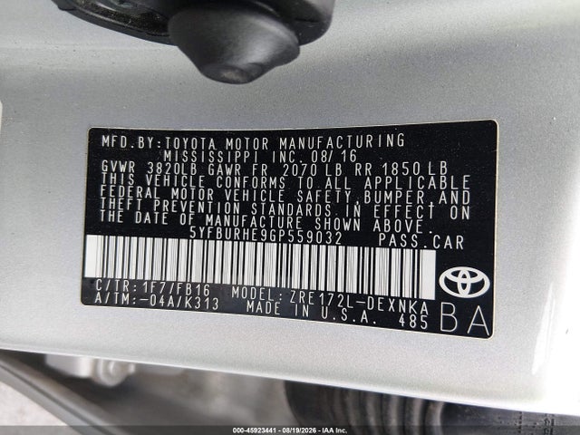 Продаж на аукціоні авто 2016 Toyota Corolla Le Plus, vin: 5YFBURHE9GP559032, номер лоту: 45923441