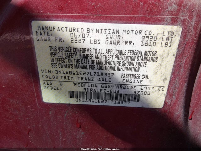 Продаж на аукціоні авто 2007 Nissan Sentra 2.0s, vin: 3N1AB61E27L718337, номер лоту: 45923456
