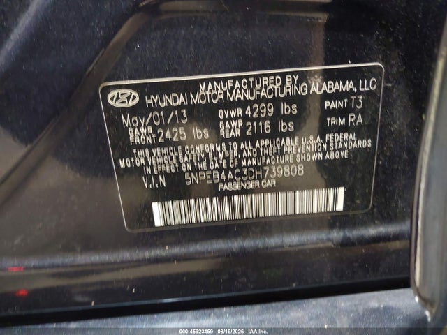 Продаж на аукціоні авто 2013 Hyundai Sonata Gls, vin: 5NPEB4AC3DH739808, номер лоту: 45923459