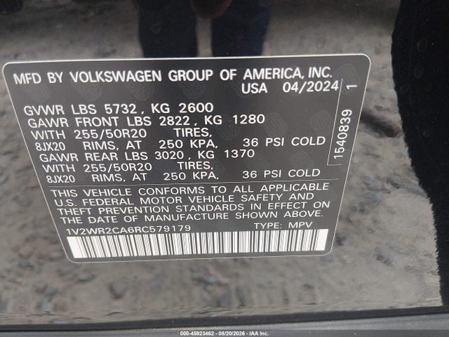 2024 Volkswagen Atlas 2.0t Se W/technology მანქანა იყიდება აუქციონზე, vin: 1V2WR2CA6RC579179, აუქციონის ნომერი: 45923462
