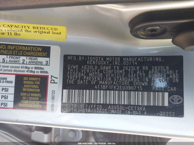 2014 Toyota Camry Se მანქანა იყიდება აუქციონზე, vin: 4T1BF1FK2EU390715, აუქციონის ნომერი: 45923468