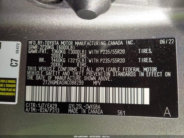 45923469 :رقم المزاد ، 2T2HGMDA5NC088299 vin ، 2022 Lexus Rx 450h مزاد بيع