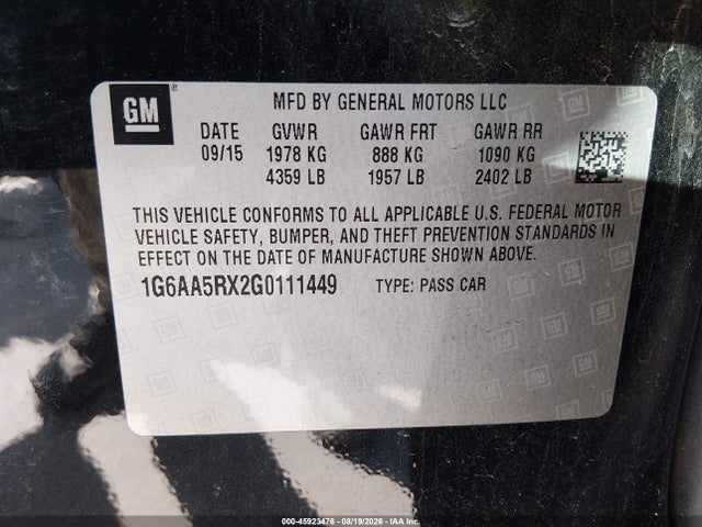 45923476 :رقم المزاد ، 1G6AA5RX2G0111449 vin ، 2016 Cadillac Ats Standard مزاد بيع