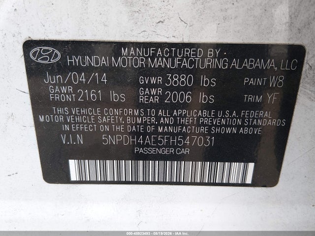 Aukcja sprzedaży 2015 Hyundai Elantra Limited, vin: 5NPDH4AE5FH547031, numer aukcji: 45923493
