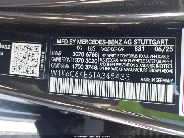 45923494 :رقم المزاد ، W1K6G6KB6TA345433 vin ، 2026 Mercedes-benz S 580e 4matic مزاد بيع
