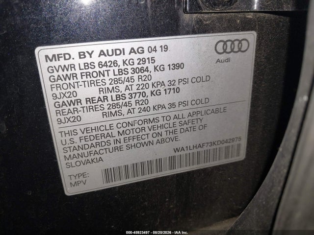 2019 Audi Q7 45 Premium/45 Se Premium მანქანა იყიდება აუქციონზე, vin: WA1LHAF73KD042975, აუქციონის ნომერი: 45923497