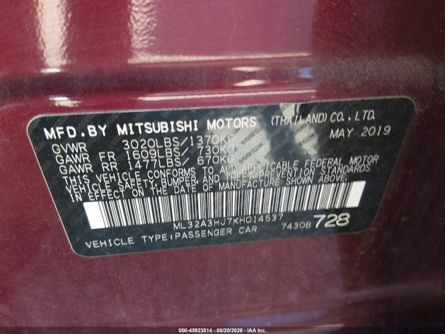 45923514 :رقم المزاد ، ML32A3HJ7KH014537 vin ، 2019 Mitsubishi Mirage Es مزاد بيع