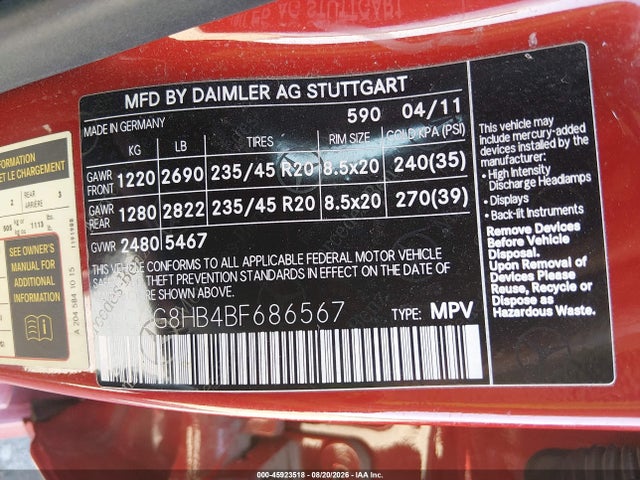 45923518 :رقم المزاد ، WDCGG8HB4BF686567 vin ، 2011 Mercedes-benz Glk 350 4matic مزاد بيع