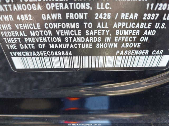 2014 Volkswagen Passat 2.0l Tdi Sel Premium მანქანა იყიდება აუქციონზე, vin: 1VWCN7A35EC049844, აუქციონის ნომერი: 45923539