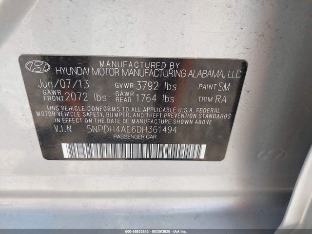 Aukcja sprzedaży 2013 Hyundai Elantra Gls, vin: 5NPDH4AE6DH361494, numer aukcji: 45923543