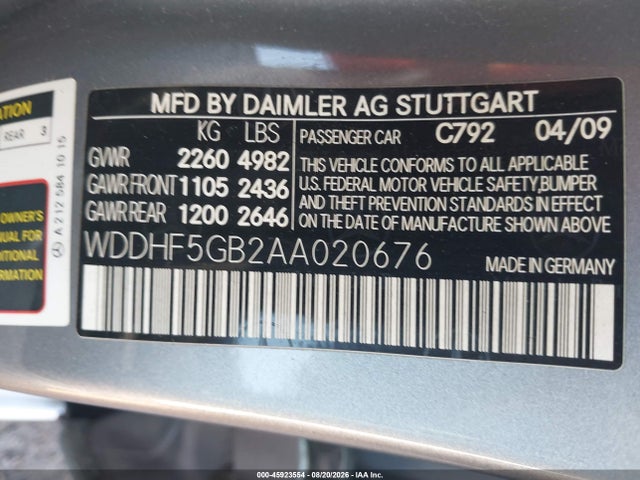 45923554 :رقم المزاد ، WDDHF5GB2AA020676 vin ، 2010 Mercedes-benz E 350 مزاد بيع