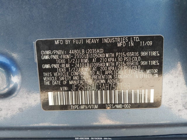 2010 Subaru Forester 2.5x მანქანა იყიდება აუქციონზე, vin: JF2SH6AC3AH757198, აუქციონის ნომერი: 45923556
